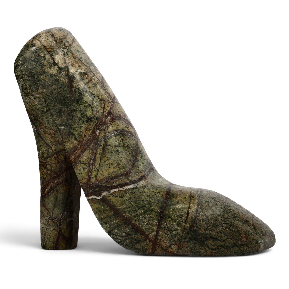 Green marble high-heel shoe sculpture with tall block heel and pointed toe