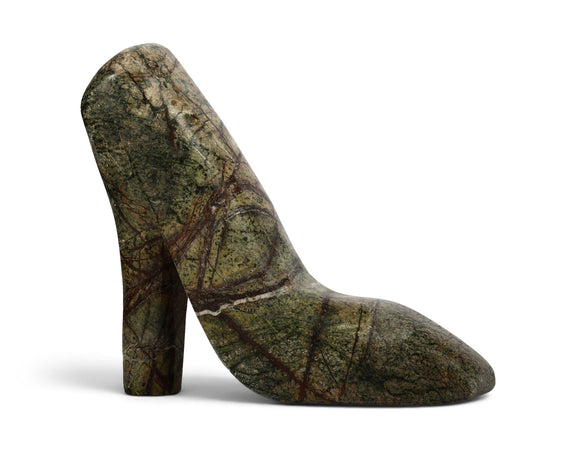 Green marble high-heel shoe sculpture with tall block heel and pointed toe
