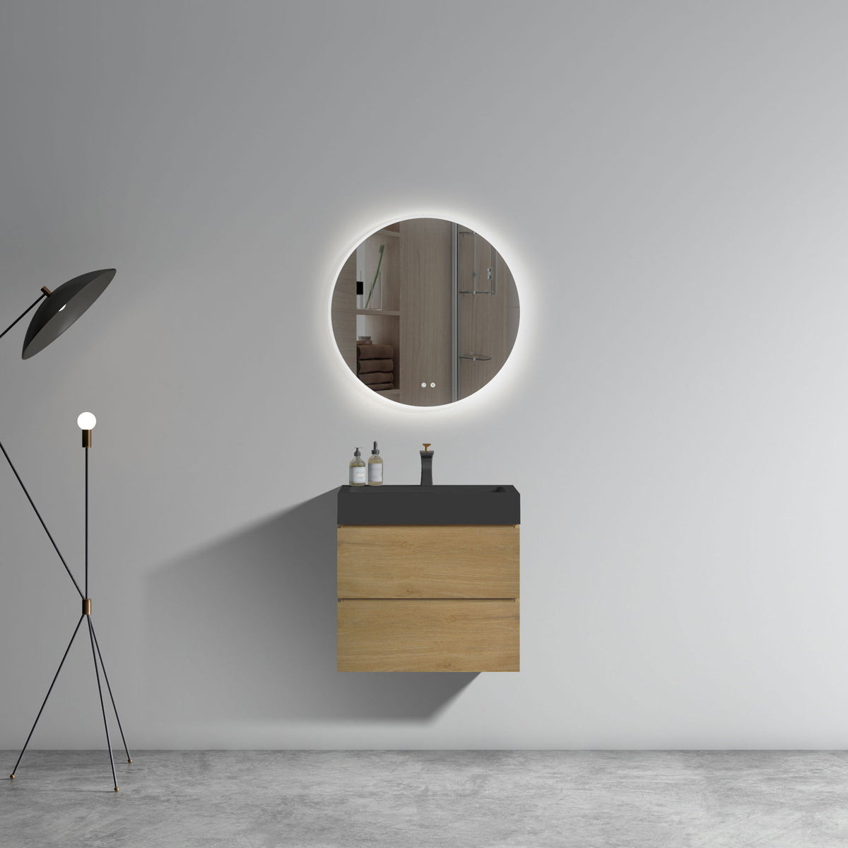 Alice - Natural Oak Bathroom Vanity With Sink, Large Storage Wall Mounted Floating Bathroom Vanity For Modern Bathroom, One-Piece Black Sink Basin Without Drain