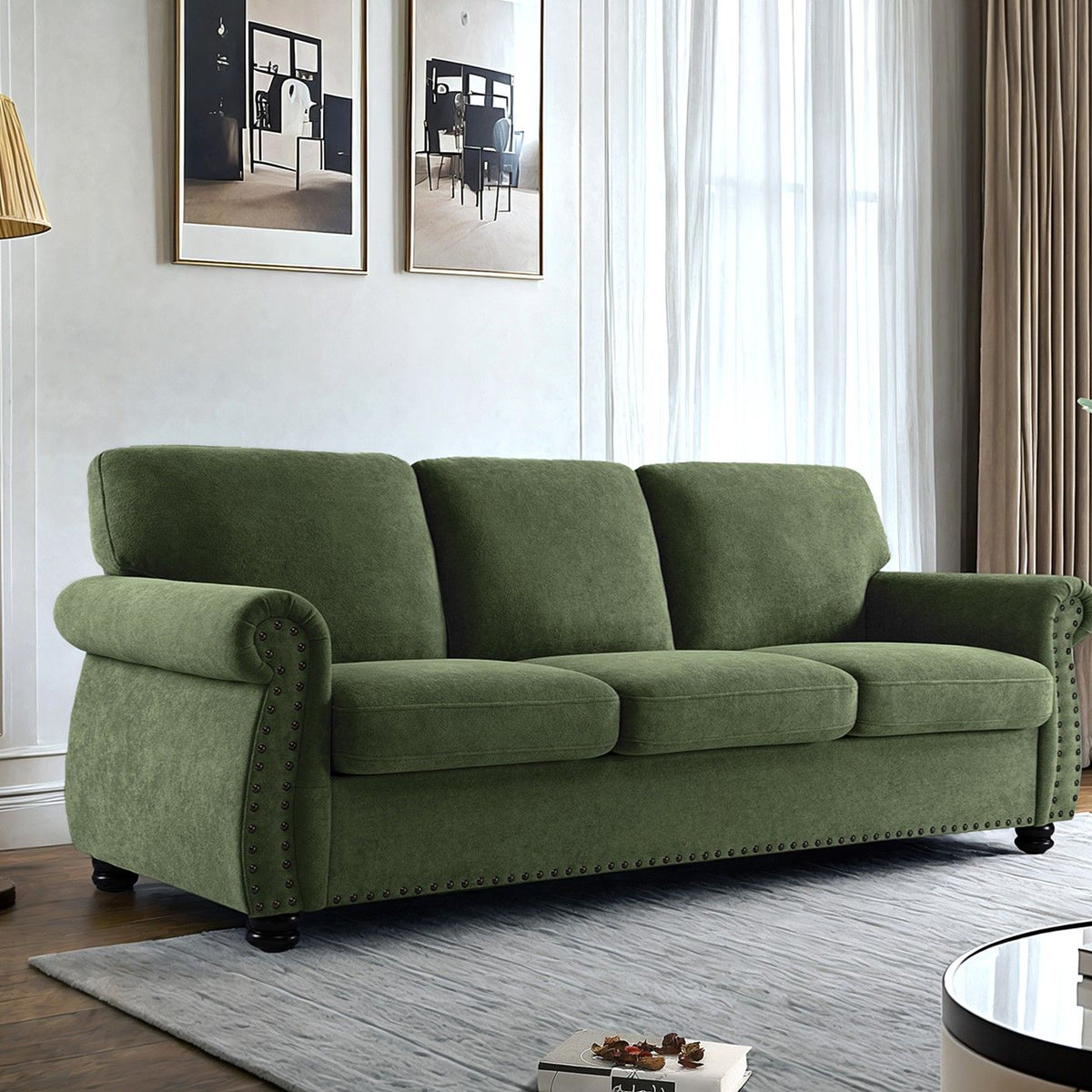 Soft Sofa, Upholstered 3 Seater Couch With High Density Foam, Loose Back Cushions And Turned Legs