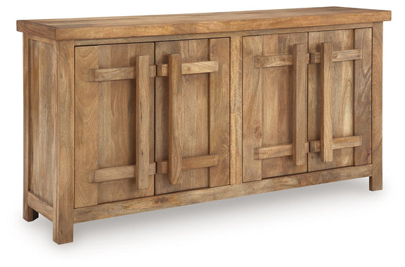 Natural wood accent cabinet with carved panel doors and tapered legs