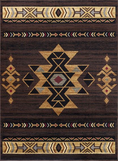 Southwest area rug, dark brown with gold geometric diamonds and arrow border
