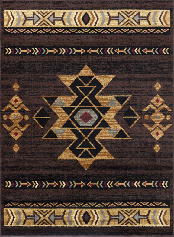 Southwest area rug, dark brown with gold geometric diamonds and arrow border