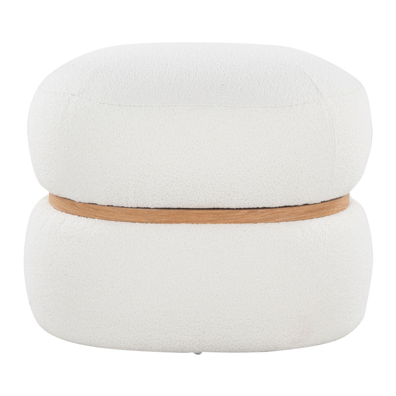 White upholstered pouf ottoman with wood ring trim and curved top cushion
