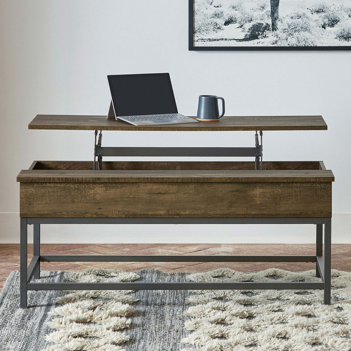 Lift-top coffee table with adjustable frame, dark brown finish, open storage compartment