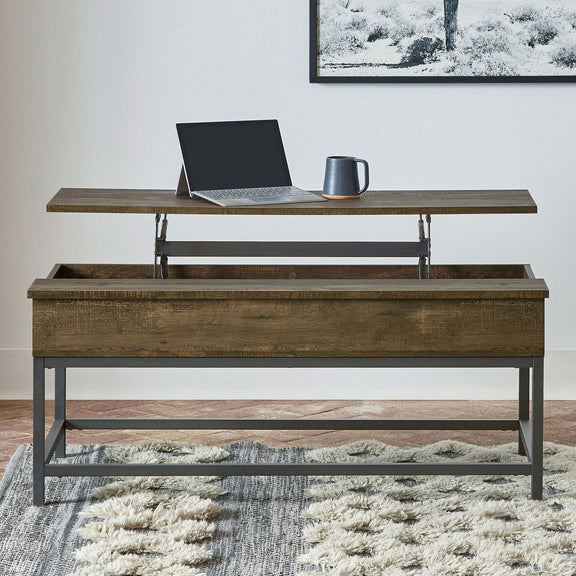 Lift-top coffee table with adjustable frame, dark brown finish, open storage compartment