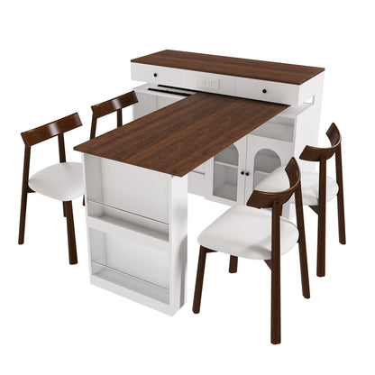 White kitchen island dining table with dark wood top and four matching chairs