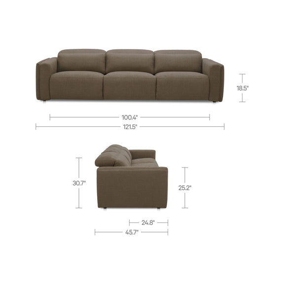 Taupe power recliner sofa with reclining seat section shown with measurements