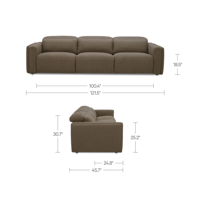 Taupe power recliner sofa with reclining seat section shown with measurements