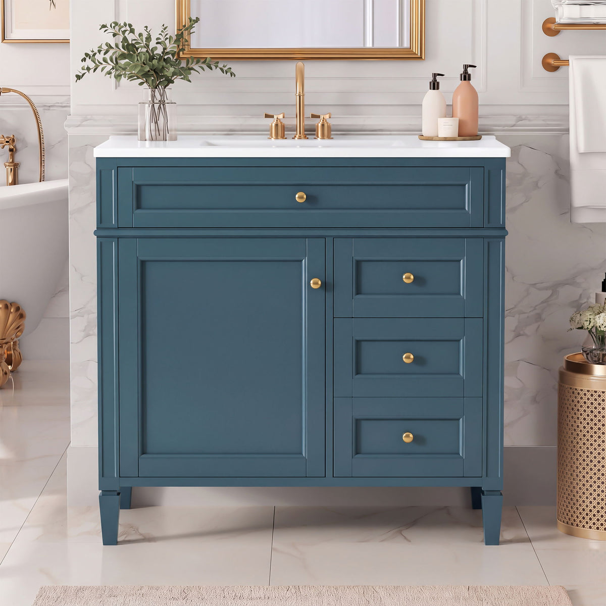 Blue bathroom vanity with white sink top, one cabinet door, three drawers, and a tip-out drawer.
