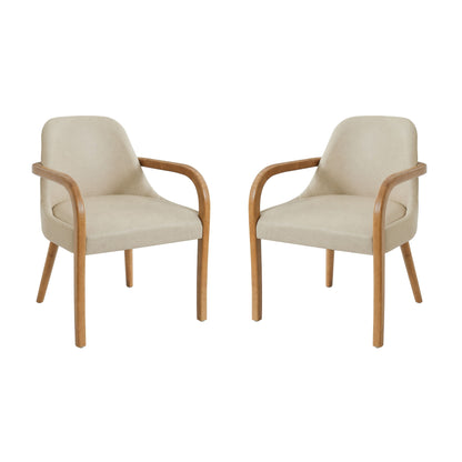 Set of 2 beige upholstered dining armchairs with curved wood armrests and slender legs