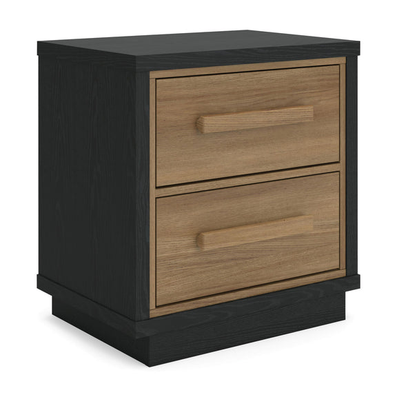 Two-drawer nightstand with black body and brown wood-tone drawers, bar pulls