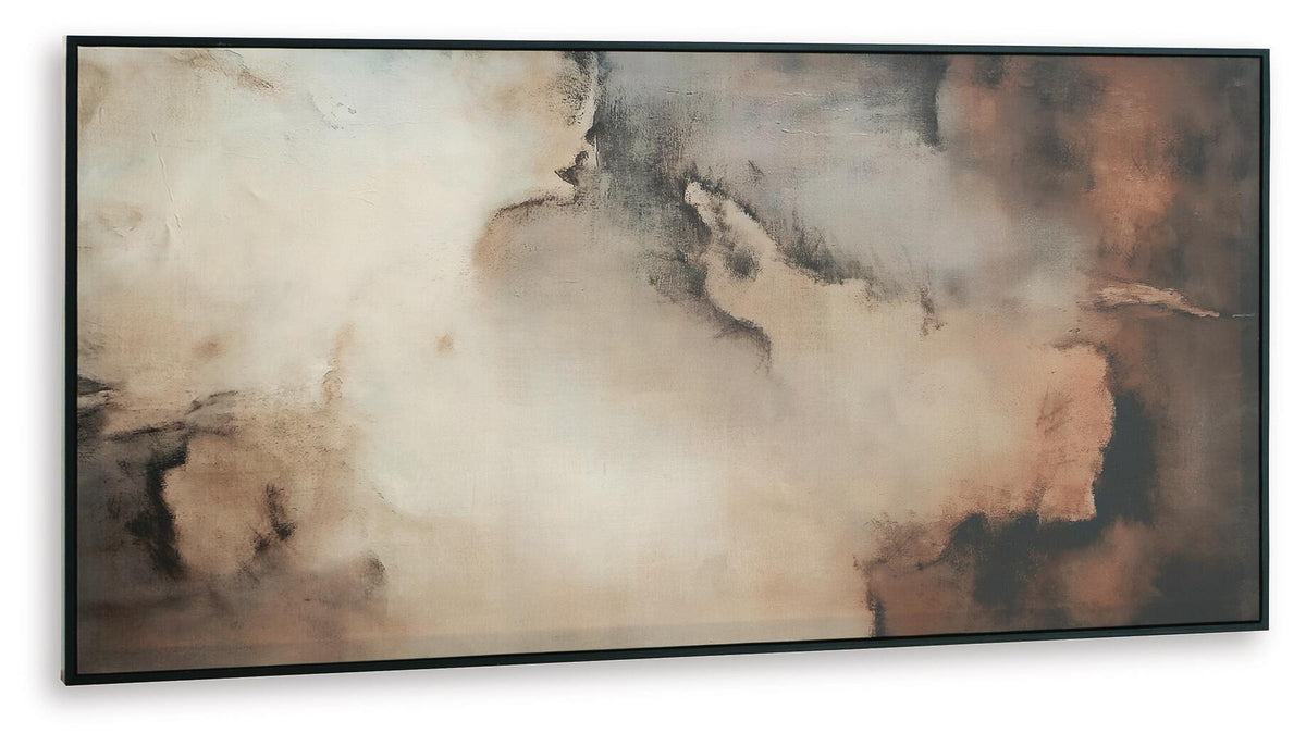 Horizontal framed abstract wall art with beige and dark brown, black, gray smoky forms