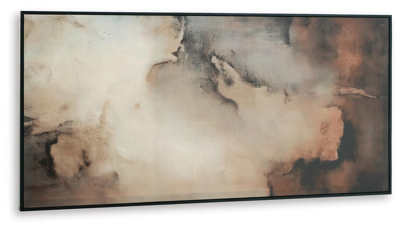 Horizontal framed abstract wall art with beige and dark brown, black, gray smoky forms