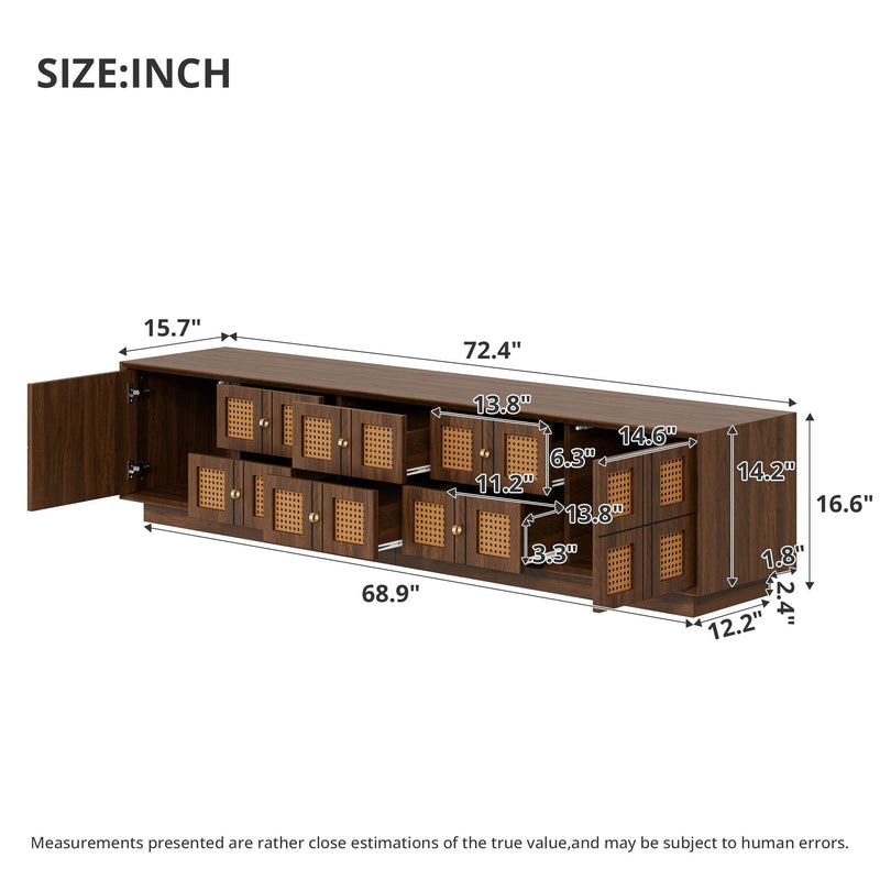Walnut media console TV stand dimensions diagram with drawer and cabinet layout