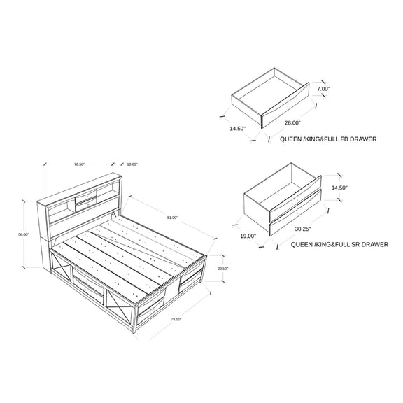 Queen bed frame storage drawer layout diagram for full-size bed