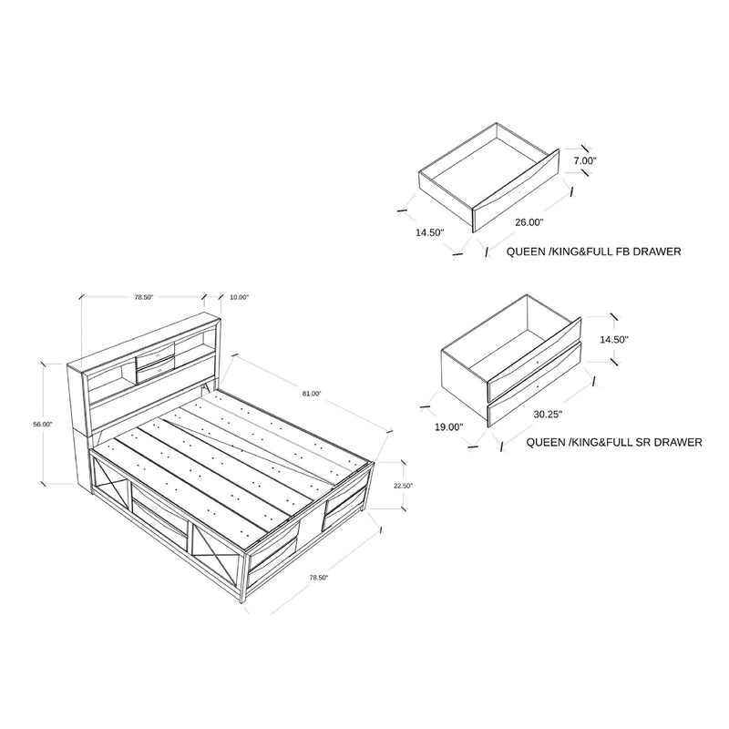 Queen bed frame storage drawer layout diagram for full-size bed
