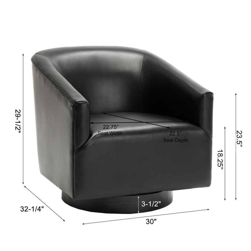 Black faux leather swivel chair with rounded arms and black round base
