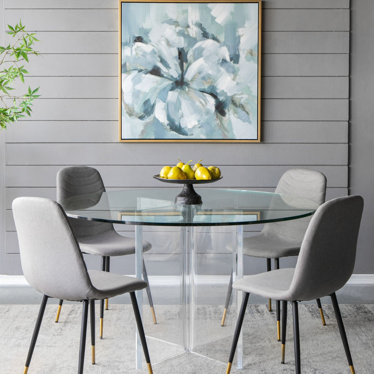 Large Modern Flower Oil Painting, SquareFrame Wall Art - Blue / Gray