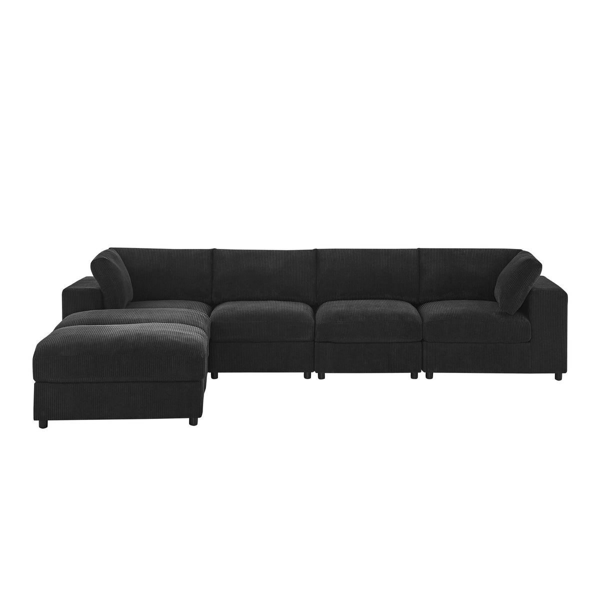 Reversible modular sectional sofa in dark gray, chaise section on left with ottoman module