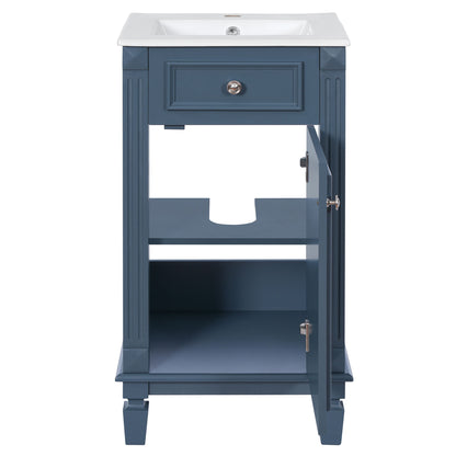 Blue bathroom vanity with sink, open door, and adjustable shelf inside