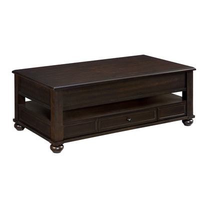 Dark brown lift-top coffee table with casters and front drawer, angled view