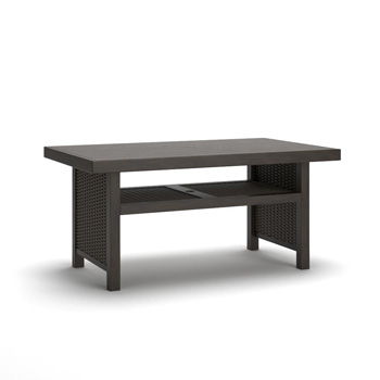 Mesa Valley rectangular dark brown table with a lower shelf and woven side panels