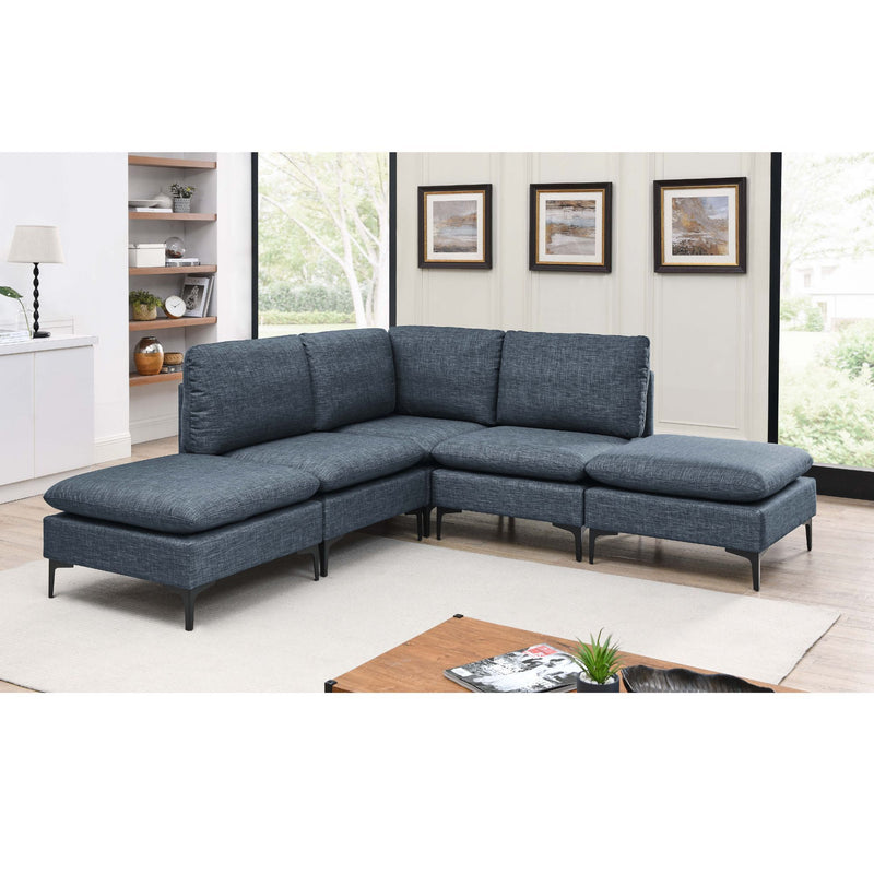 Dark gray upholstered modular sectional with tall legs, cushioned back and chaise ottoman