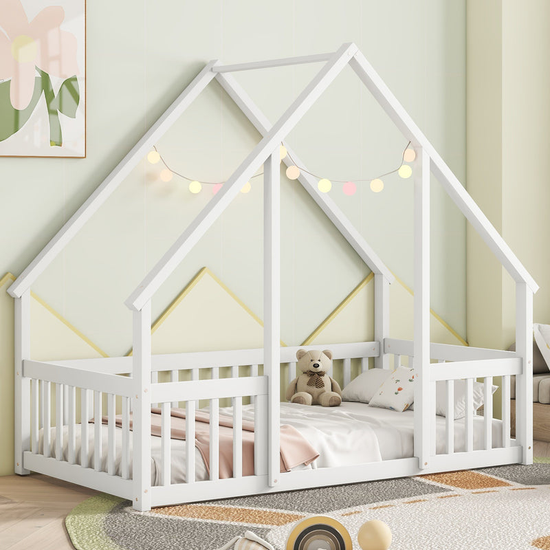 Twin Wood House-Shaped Floor Bed with Fence, Guardrails, White