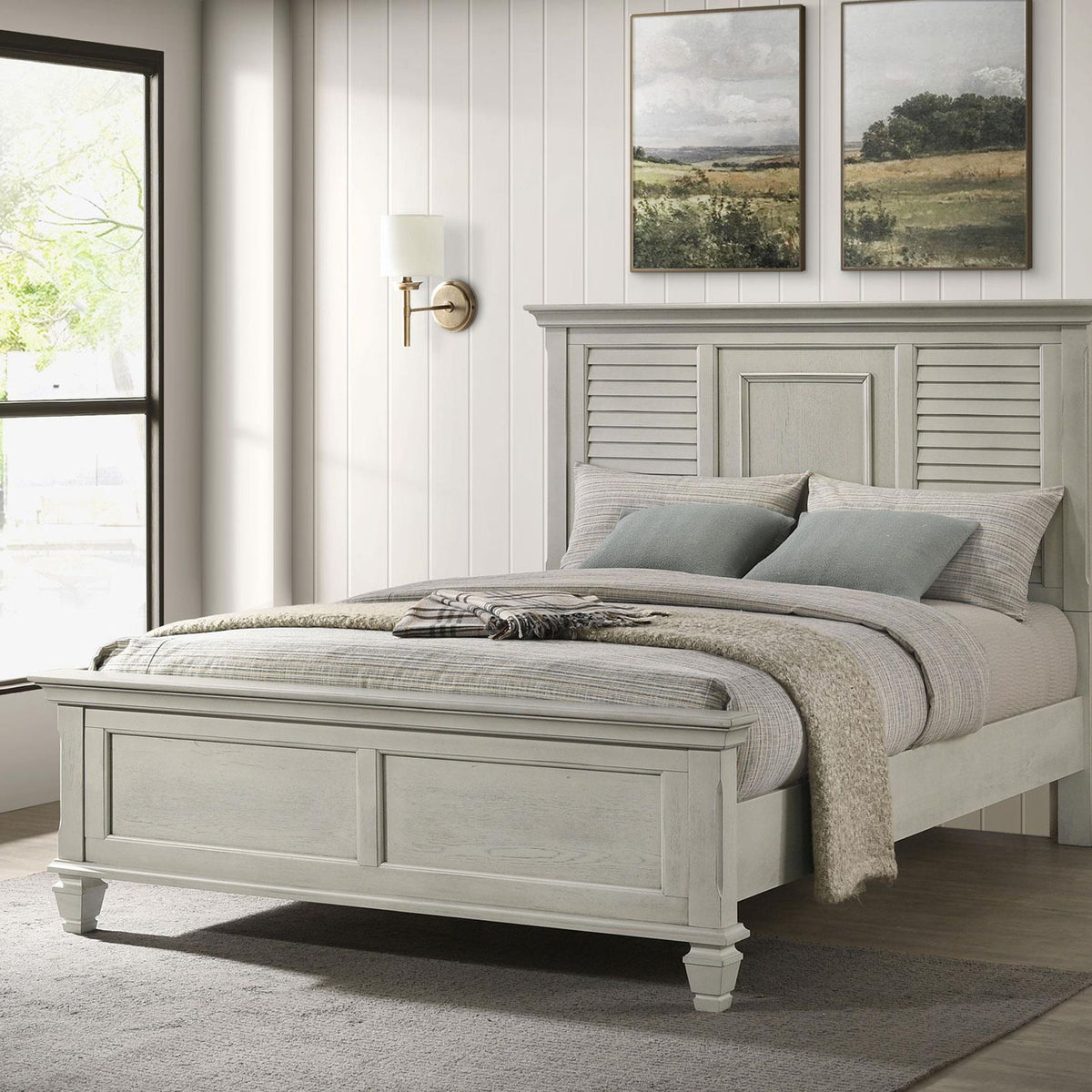 Franco Wood Queen Panel Bed Distressed White
