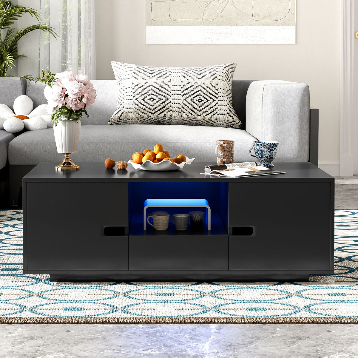 Modern High Glossy Rectangle Coffee Table With 16 Color LED Lights For Living Room