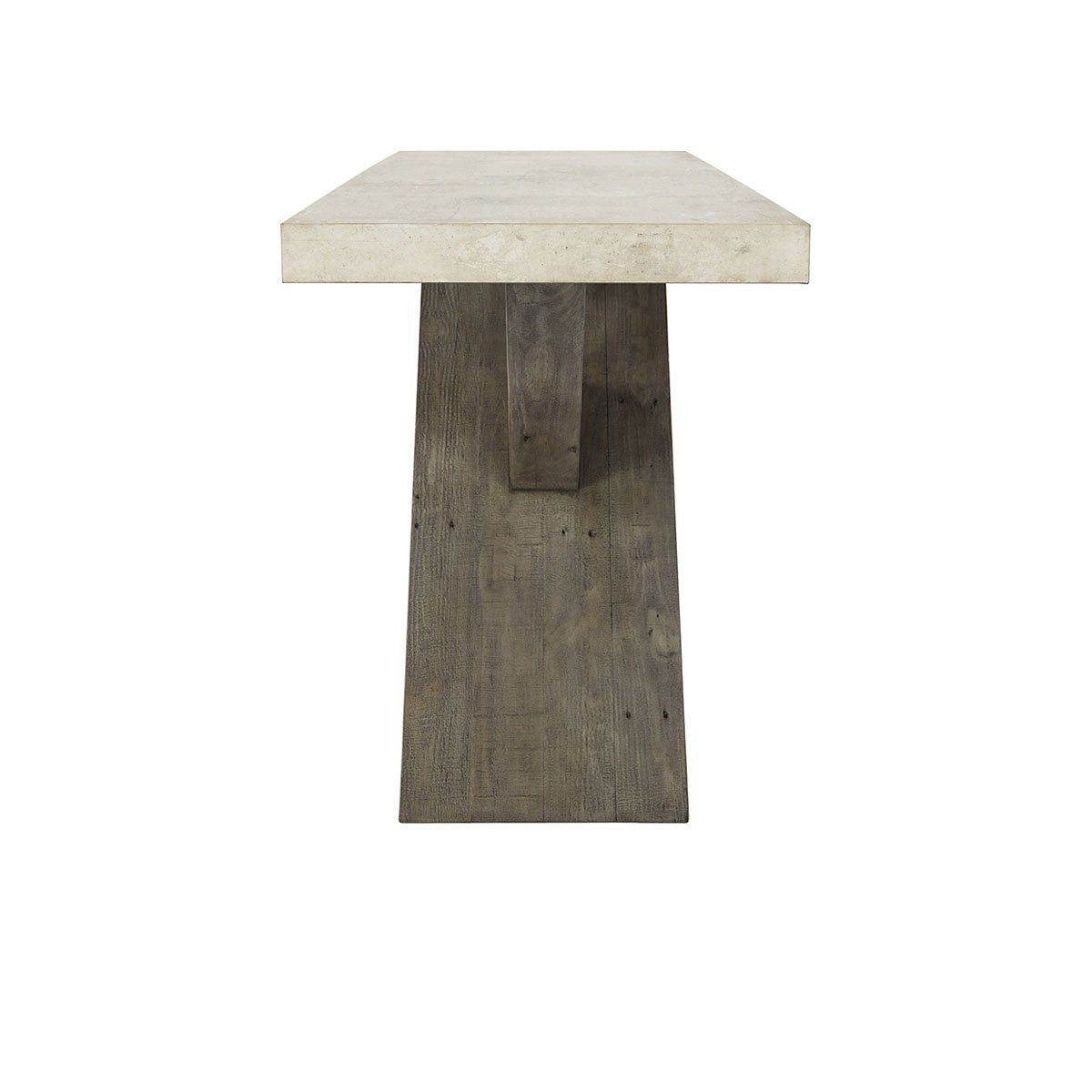 Weathered gray console table with light chalk top and single center support base
