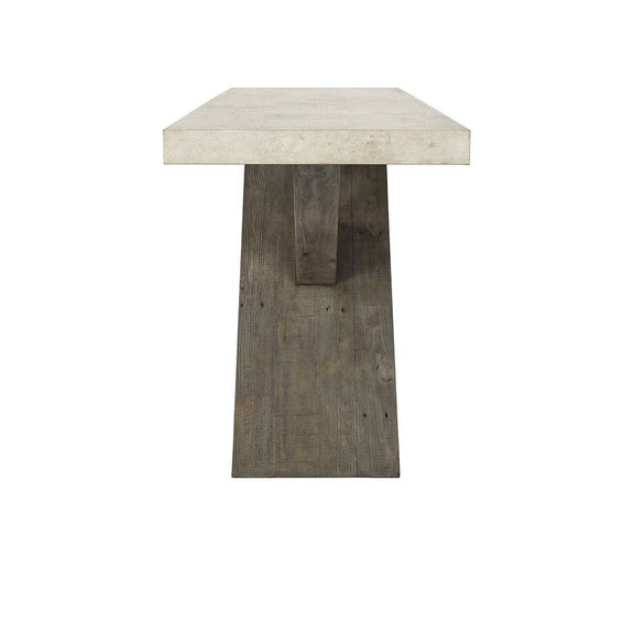 Weathered gray console table with light chalk top and single center support base