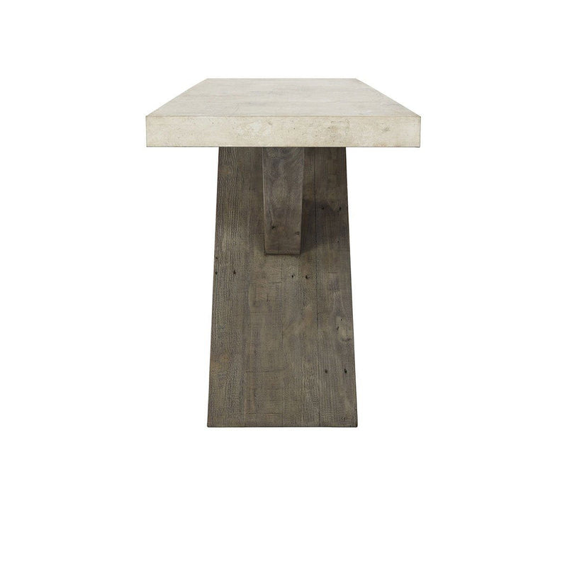 Weathered gray console table with light chalk top and single center support base