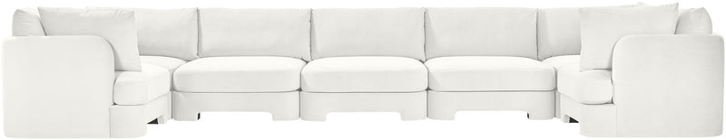 White velvet U-shaped sectional sofa with seat cushions, 7-piece set