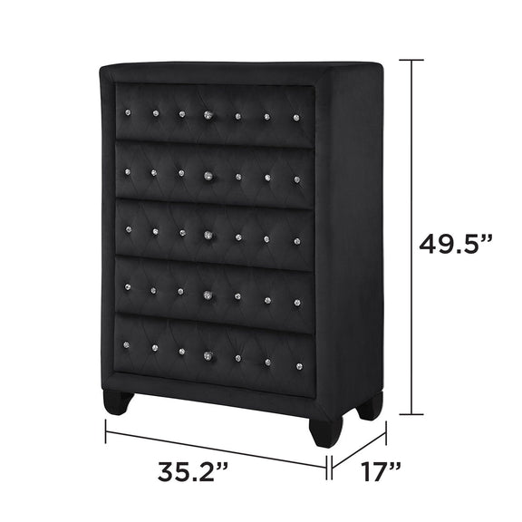 Black upholstered dresser front with tufted panels and stud details, on short legs