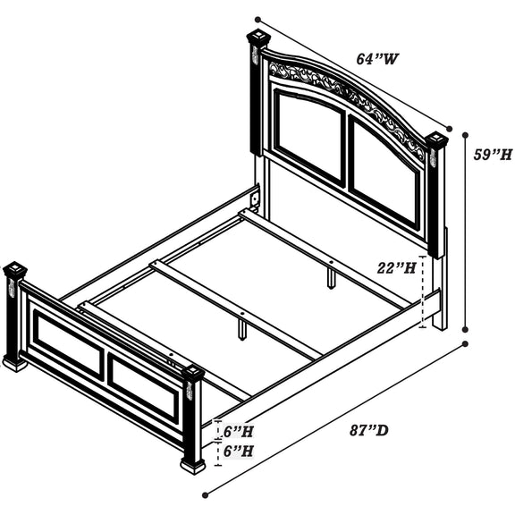 Diagram of traditional bed frame dimensions, dark panel headboard and footboard