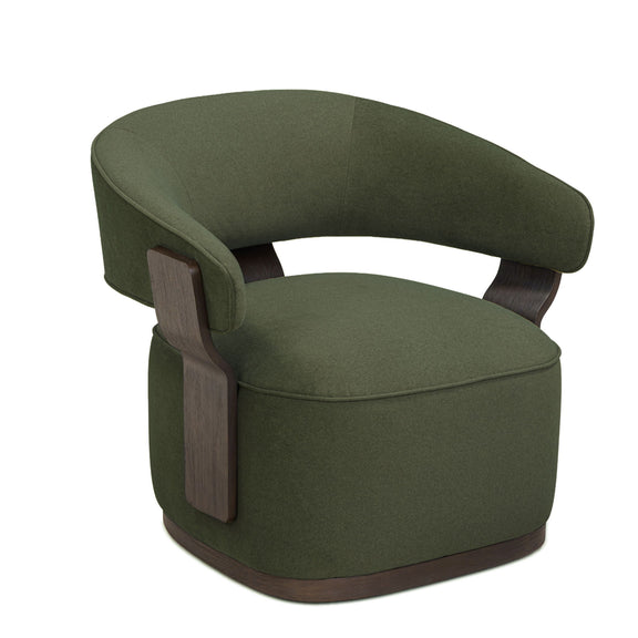 Swivel accent chair in dark green fabric with dark wood base and side arm panels