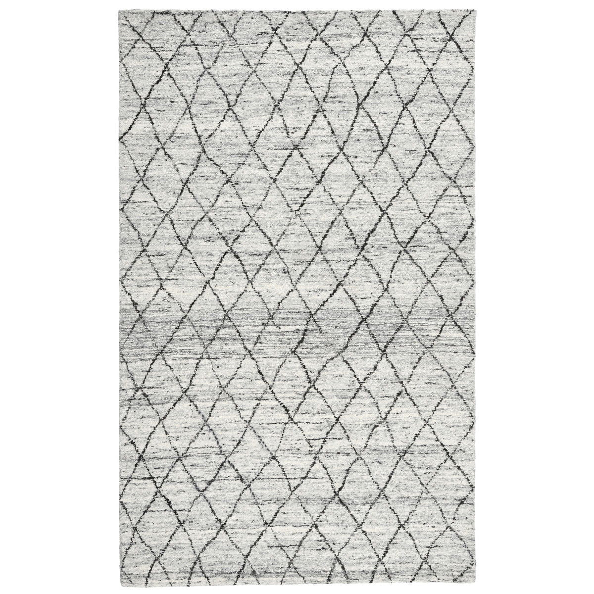 Ivory and gray rug with black diamond lattice pattern, full view