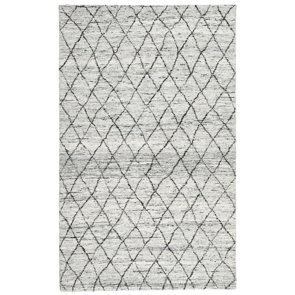 Ivory and gray rug with black diamond lattice pattern, full view