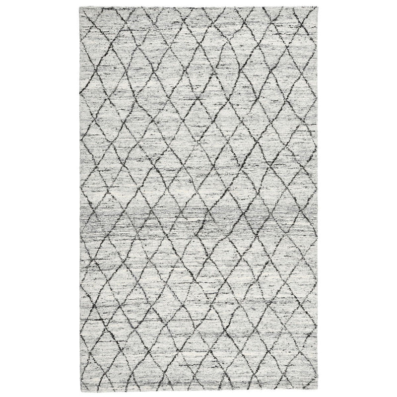 Ivory and gray rug with black diamond lattice pattern, full view