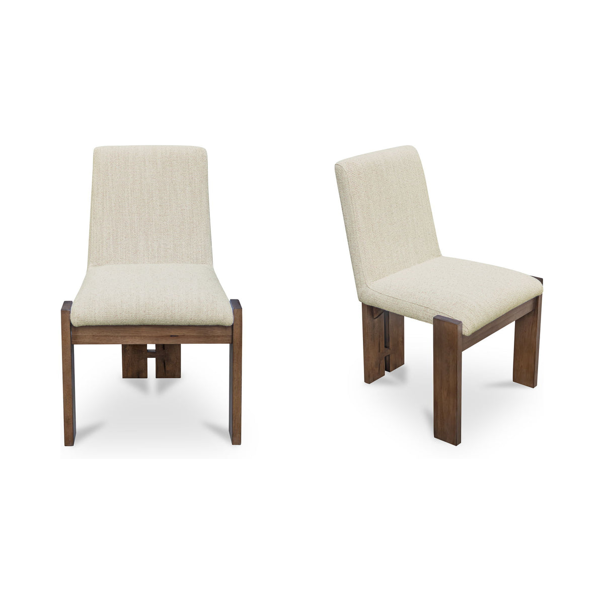 Beige upholstered dining chairs with dark brown wooden legs, set of 2