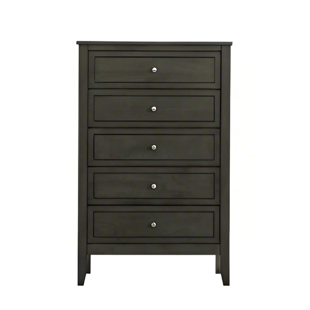 Dark gray 5-drawer storage unit with metal knobs and recessed drawer fronts