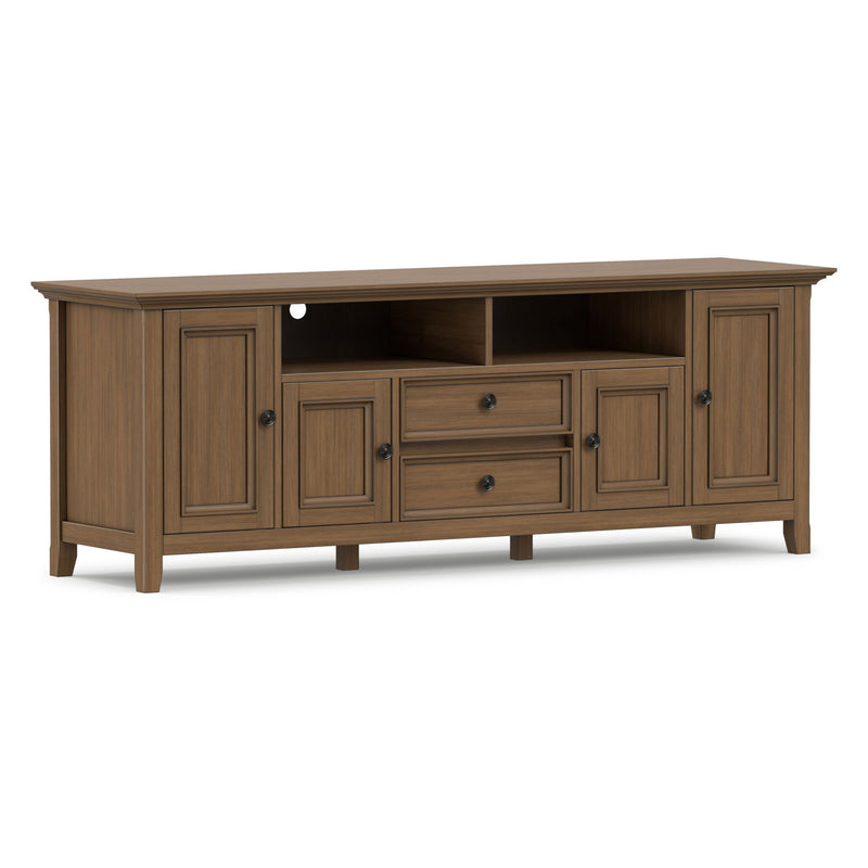 Rustic wide TV media stand with open center shelf and two side cabinet doors, aged brown