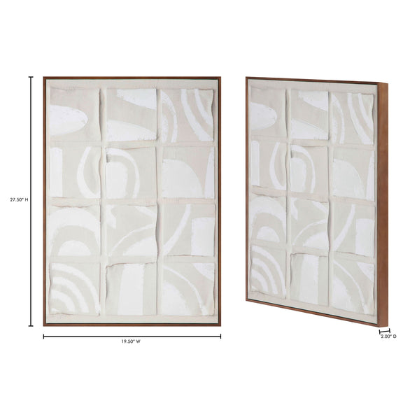 Wood-framed abstract white print shown from front and side angle views