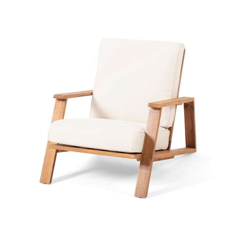 Beige outdoor club chair with padded seat and back on light wood armrests