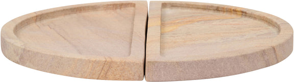 Sandstone round tray with two joined halves, visible center seam and natural striations