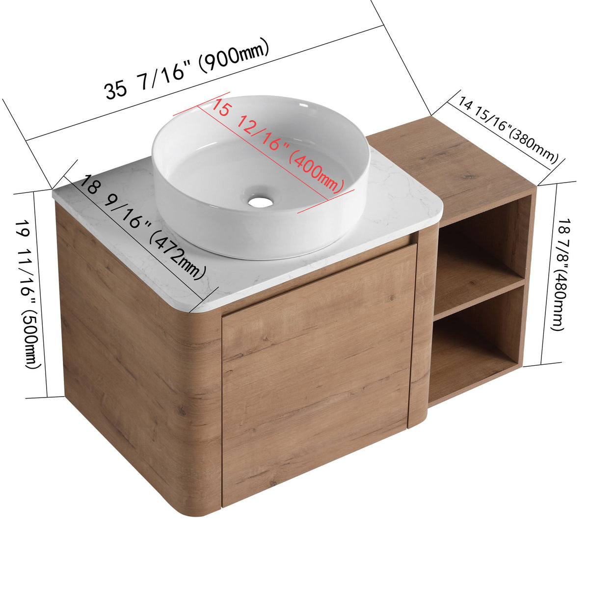Wall-mounted bathroom vanity with white vessel sink, two-door storage base, and side shelving