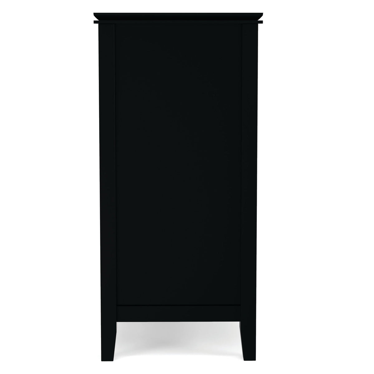 Tall TV media stand in black with open base and flat panel sides