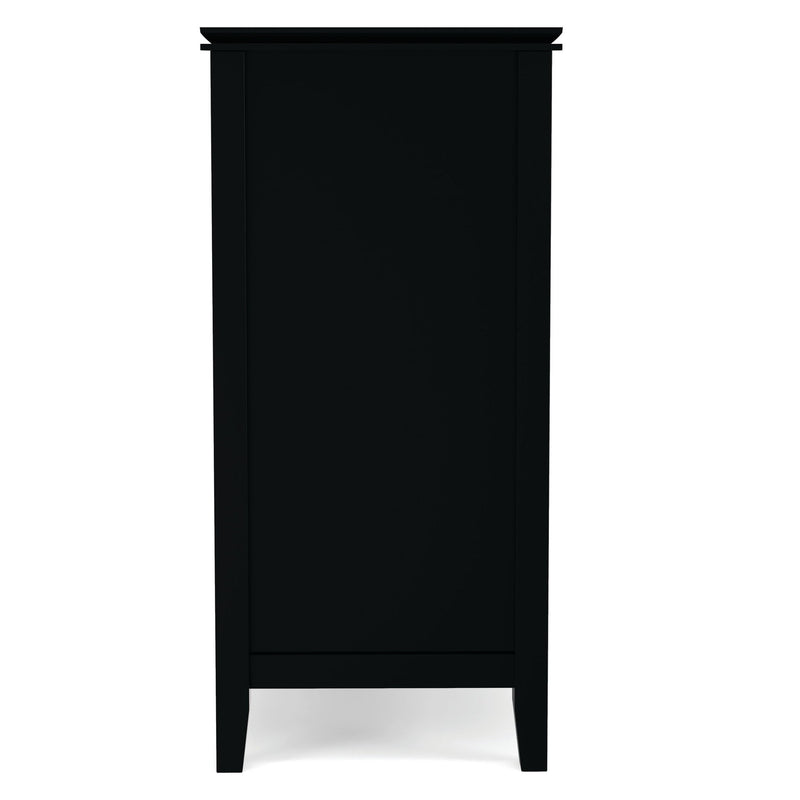 Tall TV media stand in black with open base and flat panel sides